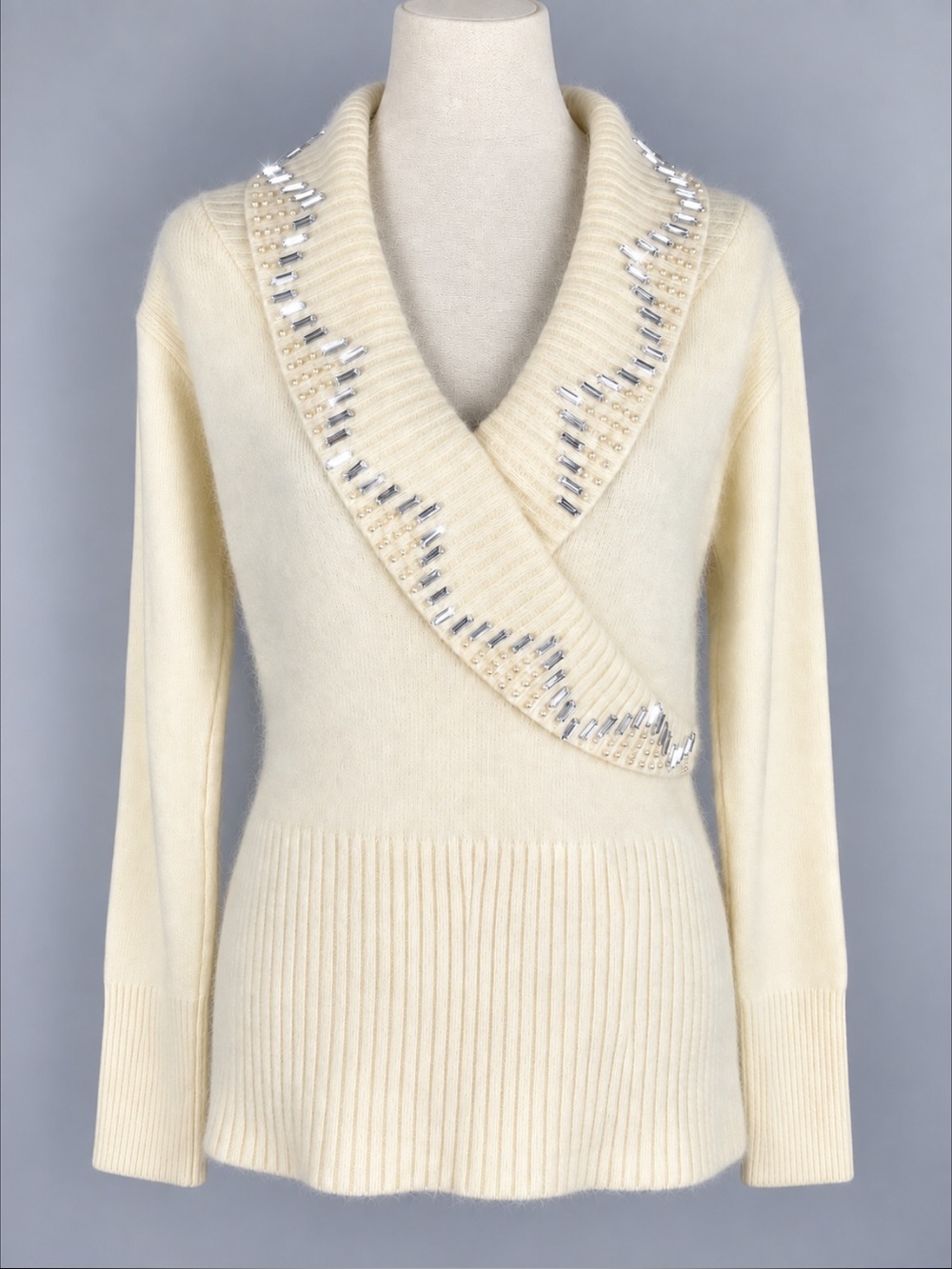 RED Collection 70% Angora Ivory Rhinestone Embellished Wrap Sweater